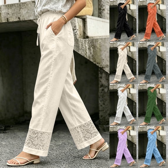 Womens Cotton Linen High Waist Wide Leg Pants for Summer Casual Palazzo Trousers Lightweight Lace Lounge Pants with Pockets Beige XL(XL)