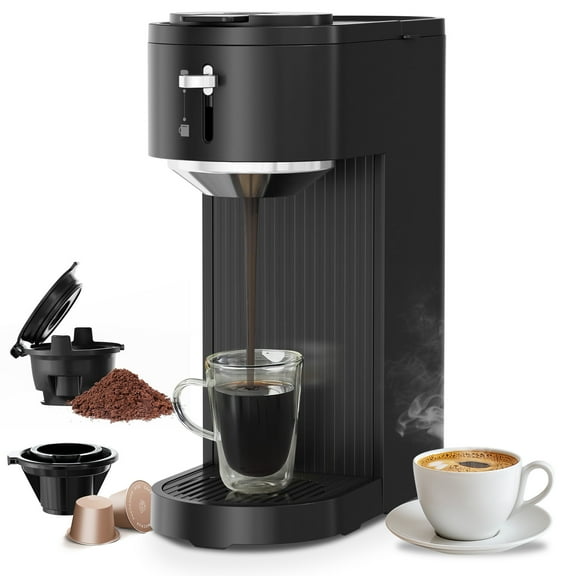 Auseo Single Serve Coffee Maker for K-Cup Capsules & Grounds, 5 Brew Sizes (6-14 Oz), Adjustable Height, Compact Design, Fast & Easy Cleaning, Perfect for Home/Office/Travel, Black