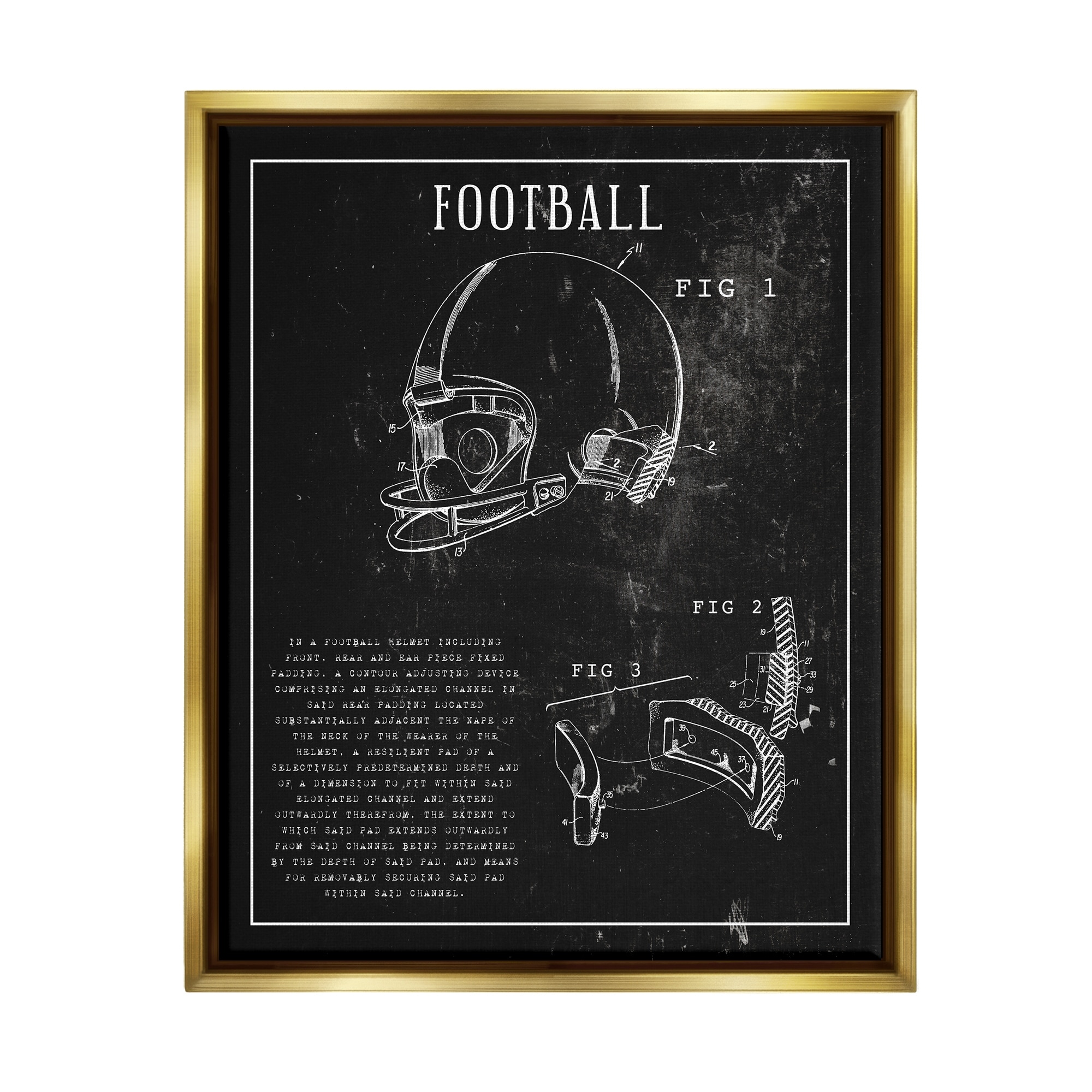 Stupell Industries Football Helmet Sports Chart Retro Figure Metallic Gold Framed Floating Canvas Wall Art, 16x20, by Daphne Polselli