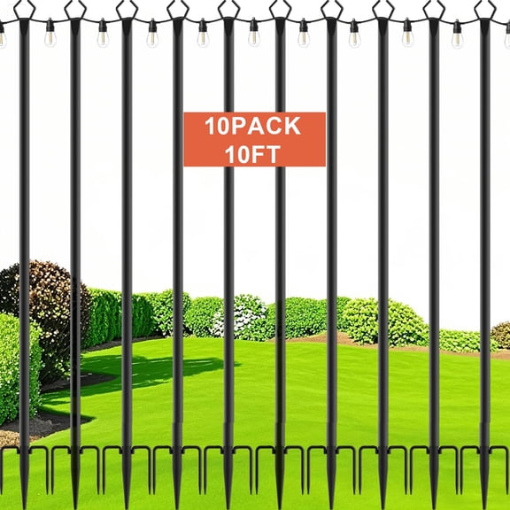 10FT String Light Poles 10 Pack with Fence Brackets – Heavy Duty Metal Stand for Outdoor String Lights, Freestanding or Mounted on Fence/Deck/Patio, Easy Assembly Garden Backyard Lighting Poles