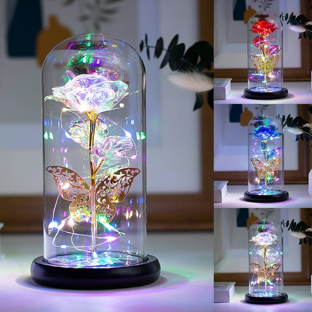 Yous Auto Rosa Luz Artificial Galaxia Lámpara Rosa con Mariposa y Colorida Rosa LED Flowers en Vidrio Regalos con Pilas para Mujeres Niñas para Boda Día de la Madre Día de San Valentín