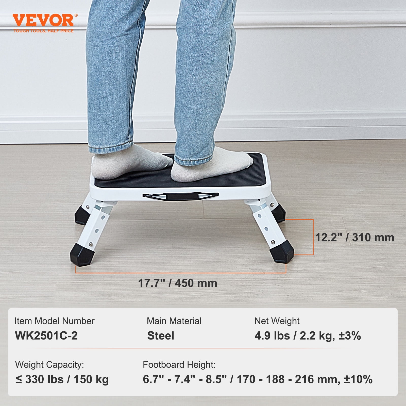 VEVOR Step Stool 1-Step 330lbs Capacity, Folding Steel Step Ladder 3 Adjustable Height, Portable Step Stools for Adults, Non-Slip Sturdy Step Ladders for Office, RVs, Pets, Bathrooms,Bedrooms