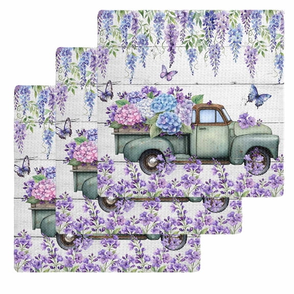 Purple Flowers Kitchen Dish Towels for Drying Dishes Set of 3, Weeping Spring Floral Truck Butterfly Wooden Waffle Weave Microfiber Hand Tea Bathroom Towels Quick Dry & Absorbent Towel 12x12