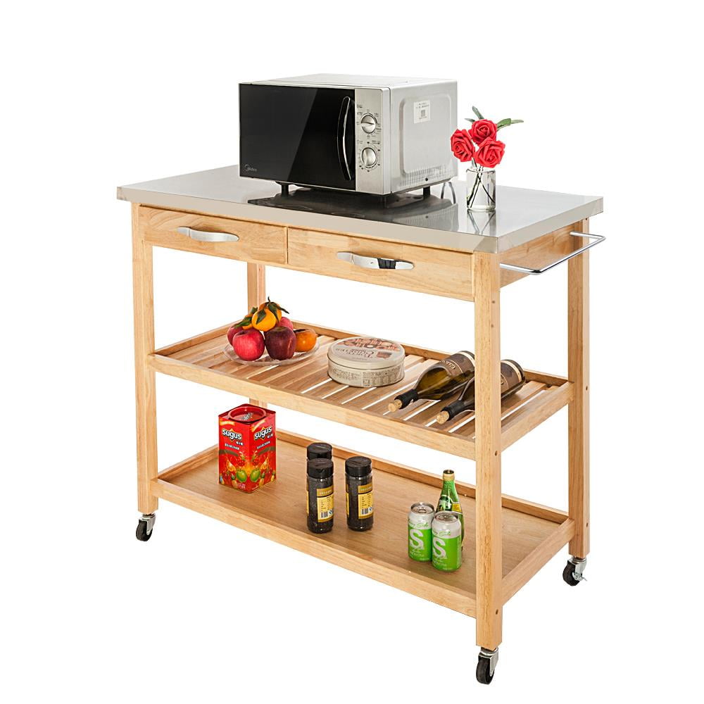 Spacious Drawers Lockable Wheels 3-Tier Wood Rolling Kitchen Island Utility Kitchen Serving Cart w//Stainless Steel Countertop