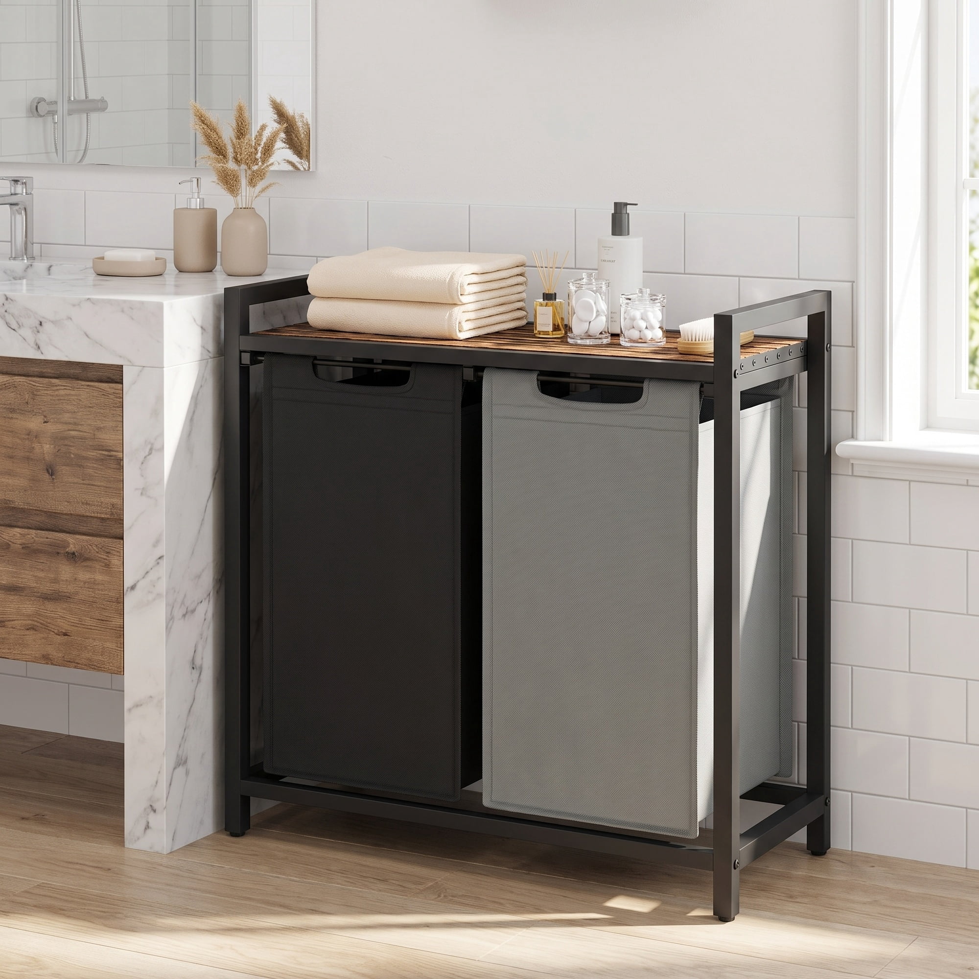 Ledrem 2-Compartment Laundry Hamper with Removable Bags & Storage Shelf, Rustic Brown/Charcoal Grey