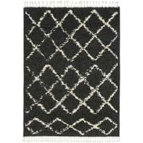 Hauteloom Berber Shag Collection - Ayden Farmhouse Living Room Bedroom Area Rug with Tassel - Fluffy Plush High Pile Carpet - Soft Shaggy Rug, Moroccan Trellis - Black, White, Beige - 5'3" x 7'3"