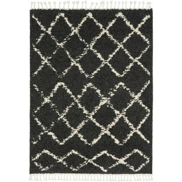 Hauteloom Berber Shag Collection - Ayden Farmhouse Living Room Bedroom Area Rug with Tassel - Fluffy Plush High Pile Carpet - Soft Shaggy Rug, Moroccan Trellis - Black, White, Beige - 5'3" x 7'3"