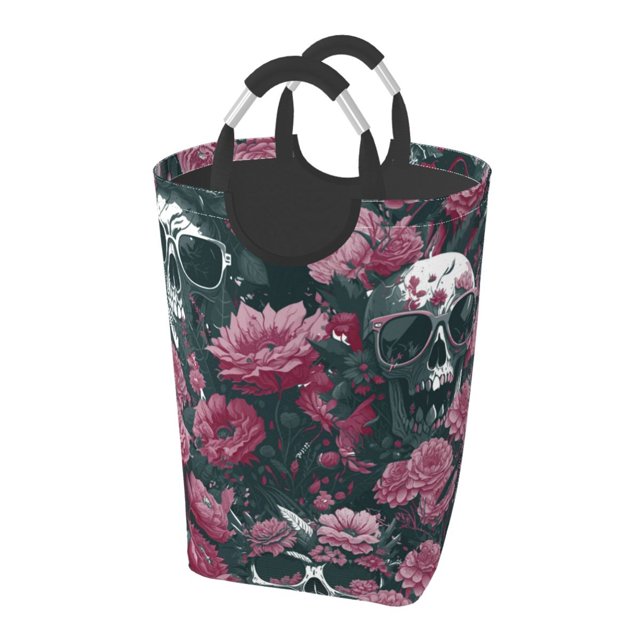 DouZhe 50L Rectangular Laundry Basket, Dead Skulls Pink Flowers Prints Waterproof Foldable Laundry Hamper with Aluminum Handles