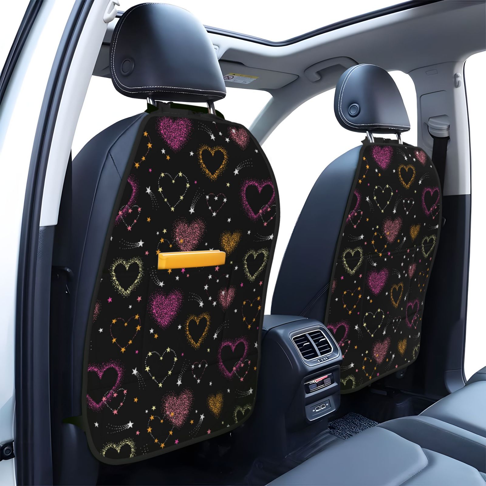 Kdxio Heart and Stars Print 2 Pack Car Kick Mat Seat Cover Back Protector Mat with Pockets for Organizer Backseat Protector and Storage Anti Kick Pad for Vehicles
