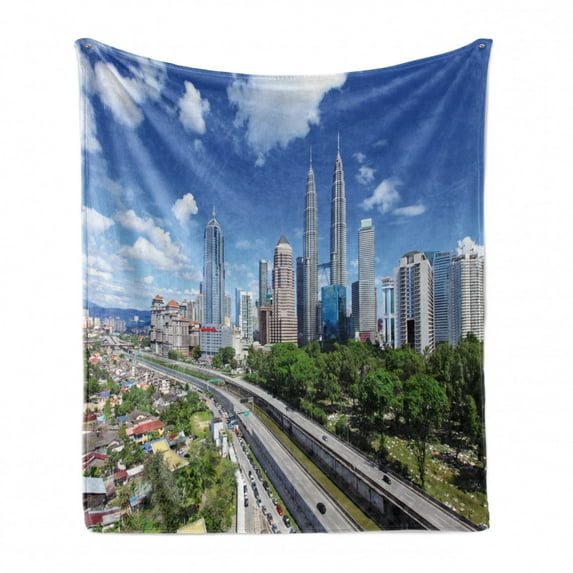 City Soft Flannel Fleece Blanket, Kuala Lumpur Skyline in a Clear Day Financial District Highway Skyscrapers, Cozy Plush for Indoor and Outdoor Use, 50" x 70", Pale Grey Blue Green, by Ambesonne