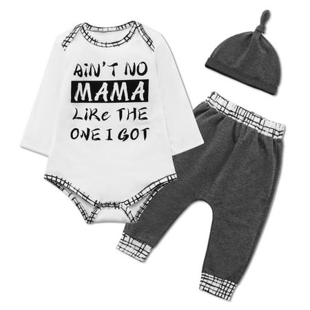 

Baby Boys 2-Piece Suits Set Long Sleeve Print Romper and Pants Outfits Set with Hat