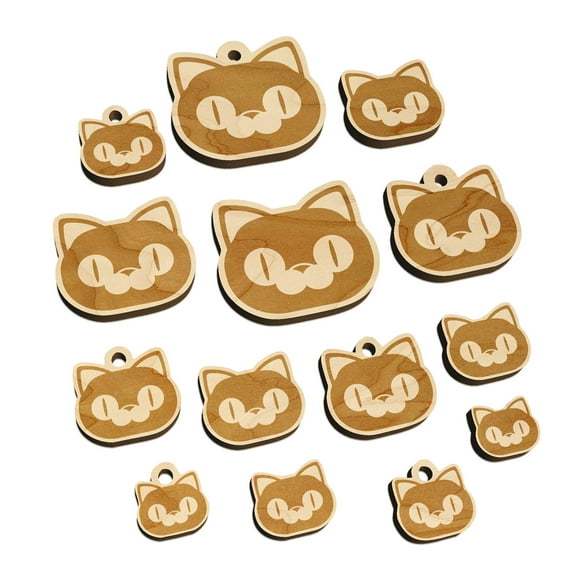 Round Cat Face Excited Wood Mini Charms Shapes DIY Craft Jewelry - With Hole - 14mm (26pcs)