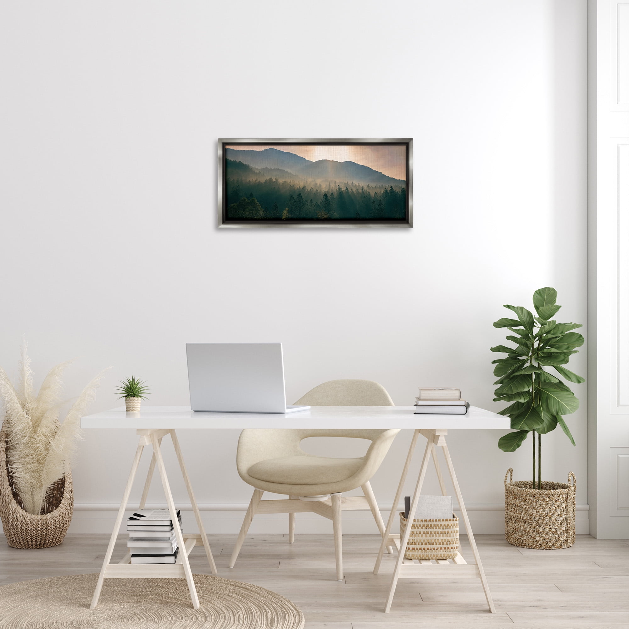 Stupell Industries Morning Sun over Misty Trees Landscape Photography Gray Floater Framed Canvas Art Print Wall Art, 31 x 14