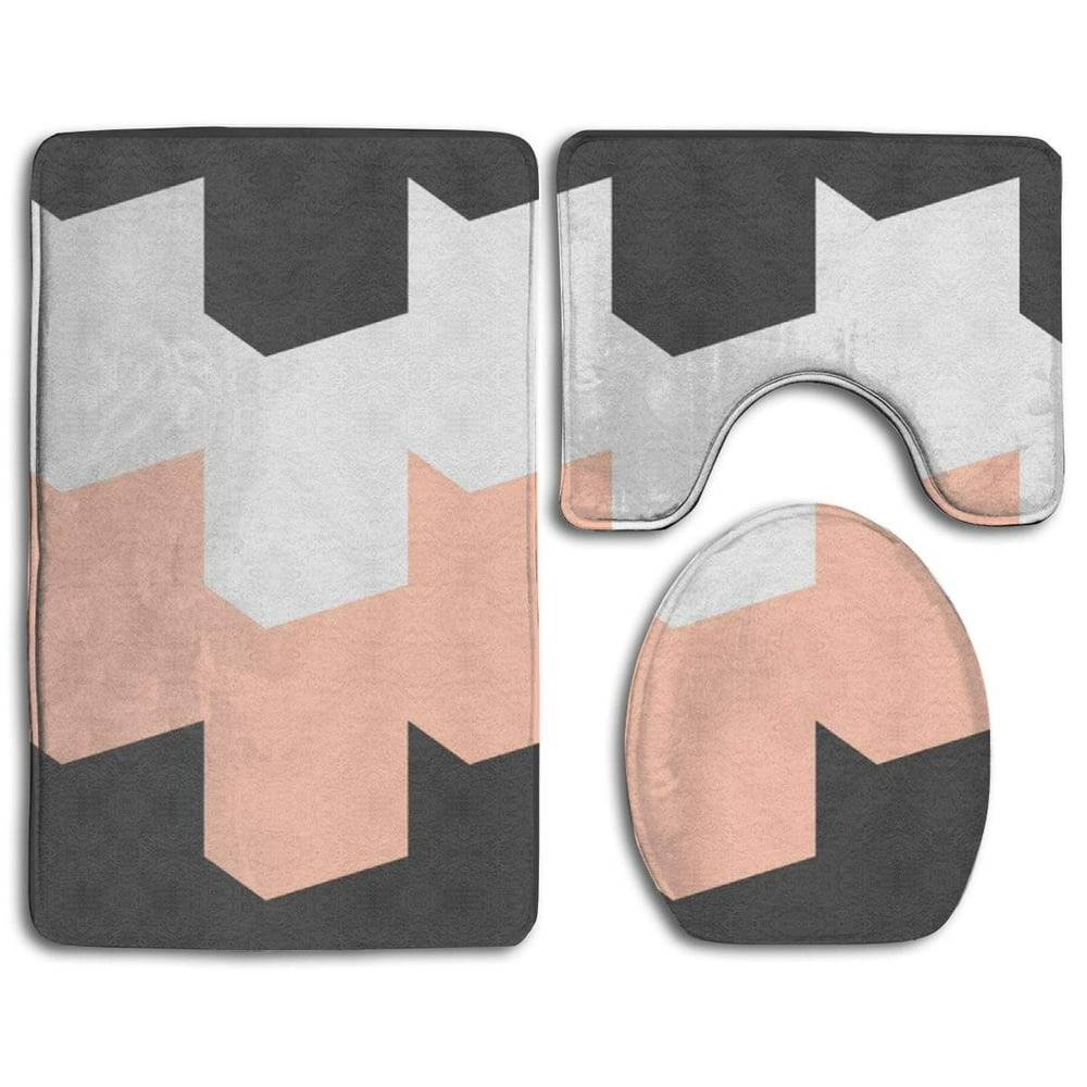 PUDMAD Gray Chevron Peach 3 Piece Bathroom Rugs Set Bath Rug Contour