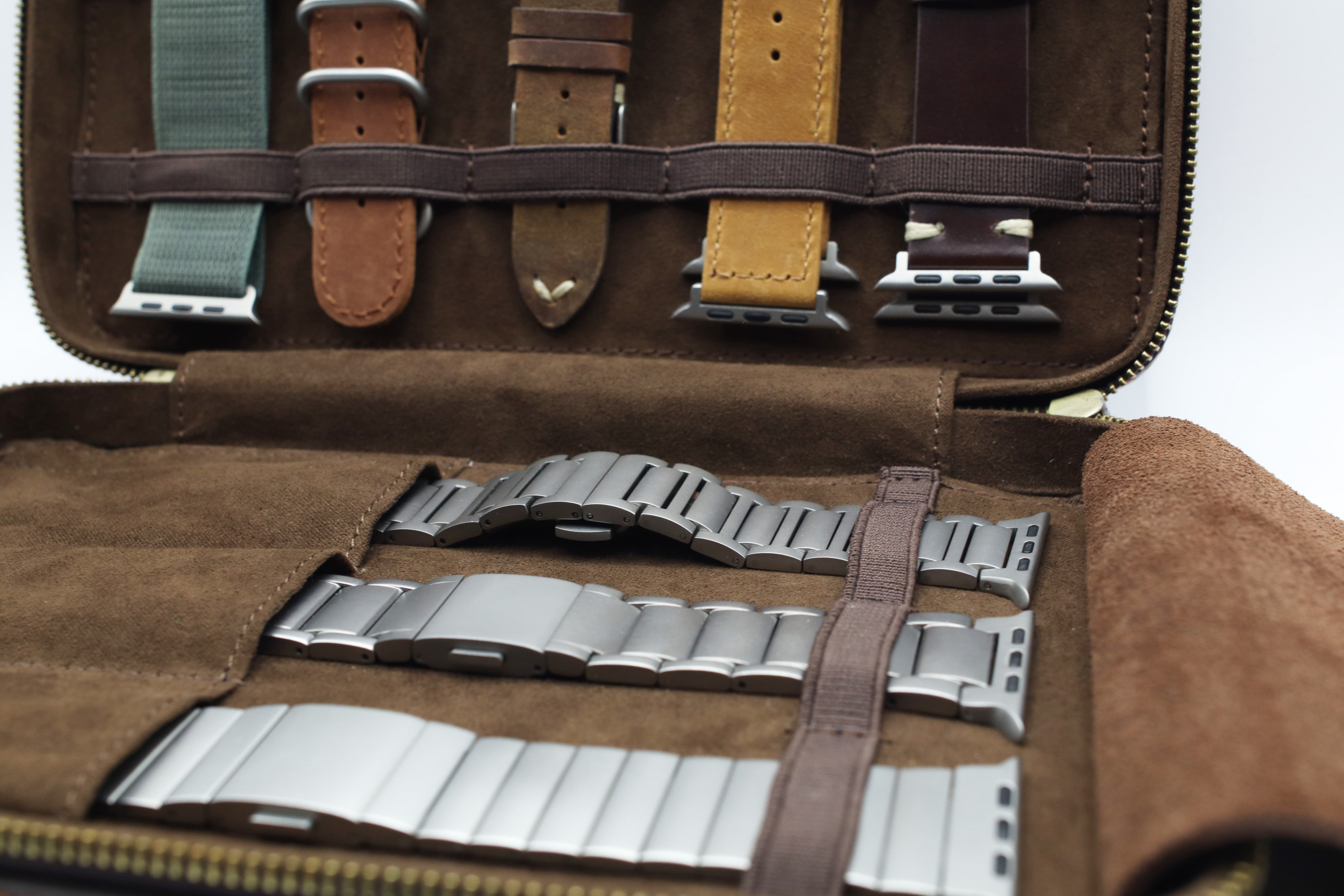 Leather Watch Strap Storage Case - Fits 8 Bands Including Metal Bands Compatible with Apple Watch, Samsung, Android Wear Smartwatch Bracelets - Unisex