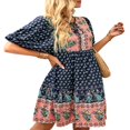 thumbnail image 3 of Robe à Manches Mi-Longues pour Femmes Imprimé Floral Vintage avec Boutons Bandage Robe Boho d'Été, 3 of 7