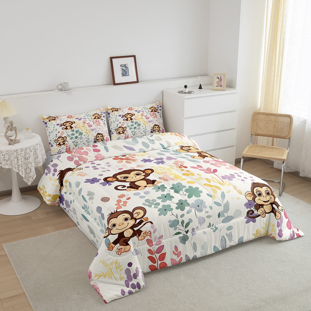 Kawaii Monkey Bedding Set Twin Size,Cartoon Monkey Flower Comforter Set,Watercolor Floral Quilt Bed Set Forest Wildlife Animal Down Comforter with 1 Pillowcase