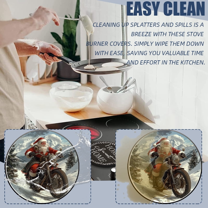 Christmas Gas Stove Burner Covers Set of 4, Santa Claus Riding Motorcycle Print Round Mental Electric Stove Burner Covers Range Top Modern Decor for Kitchen, 8 Inches and 10 Inches