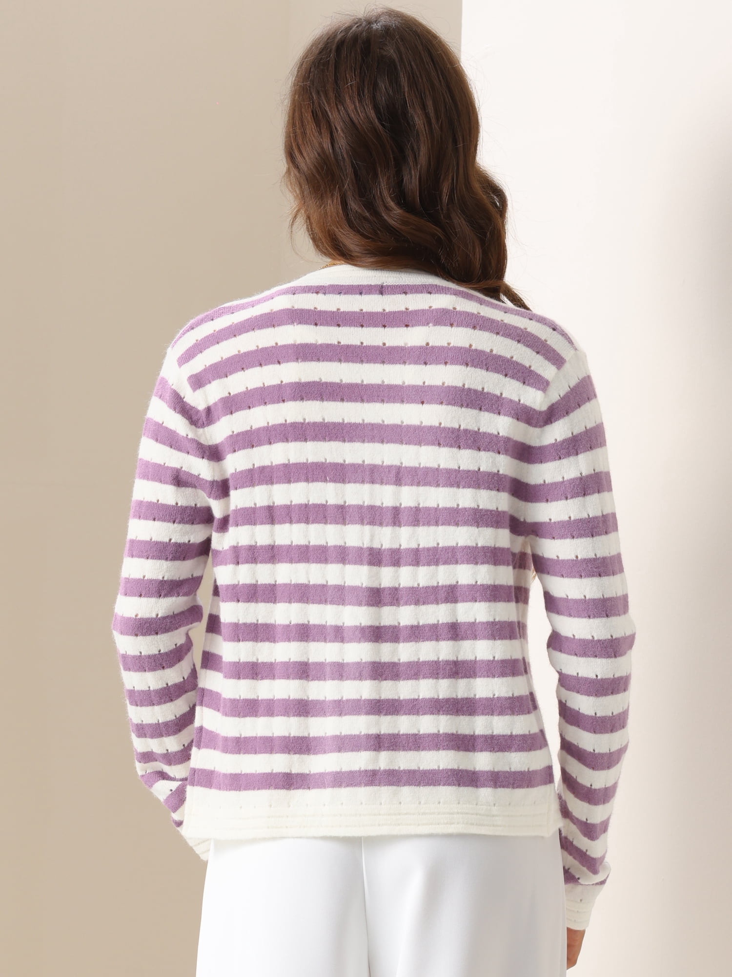 DARING DIVA Women's Striped Button Down Open Front Cardigan Sweater M White Purple