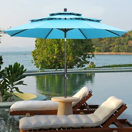Ainfox 10ft Patio Umbrella 3 Tiers Outdoor Table Market Umbrella w/Tilt Adjustment and Crank for Garden Deck Beach Backyard Pool Light Blue