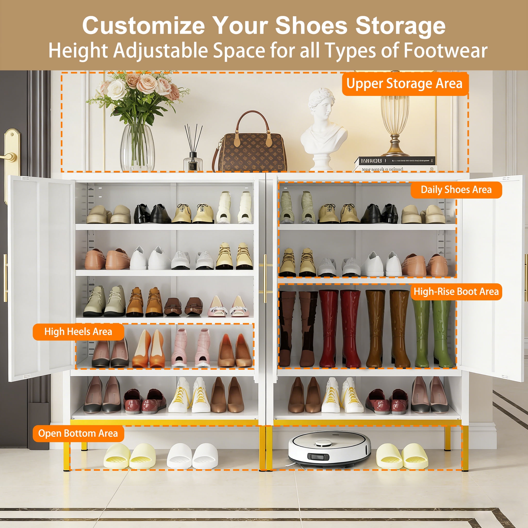 Mintazer 40" Tall 7-Tier Shoe Cabinet with 2 Doors, Metal Shoe Organizer with Adjustable Shelves Shoe Rack for Entryway, Hallway, Bedroom, White