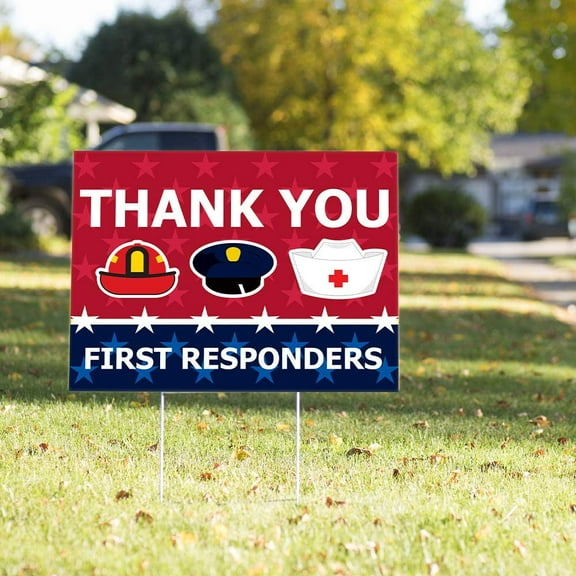 Thank You First Responders Yard Sign – 23in x 17in Weather Resistant Yard Sign with Stake – Unique and Creative Design to Thank Local Police Officers, Nurses, and Fire Fighters