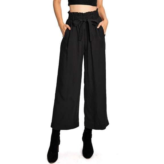 CEST TOI Womens High Rise Paper-bag Waist Cropped Wide Leg Culotte Pants (S, Black)