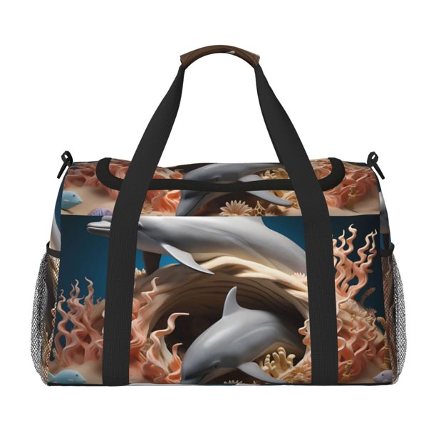 Fotbe Coral Fish Dolphin Bolsa de Viaje con Estampado, Bolsa de Fin de Semana para Mujer con Compartimento para Zapatos, Bolsa de Gimnasio con Bolsillo Húmedo