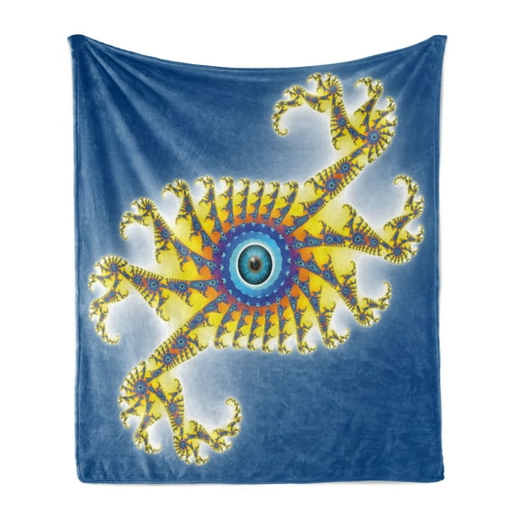 Fractal Soft Flannel Fleece Blanket, Trippy Shaped Modern Floral Pattern with Giant Eye in the Middle Art Illustration, Cozy Plush for Indoor and Outdoor Use, 70" x 90", Black Blue, by Ambesonne