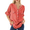 thumbnail image 7 of Breezora Stand Collar Mid Sleeve Button Front Shirt Women's Loose Fit Casual Cotton Tops XL Size Orange, 7 of 7