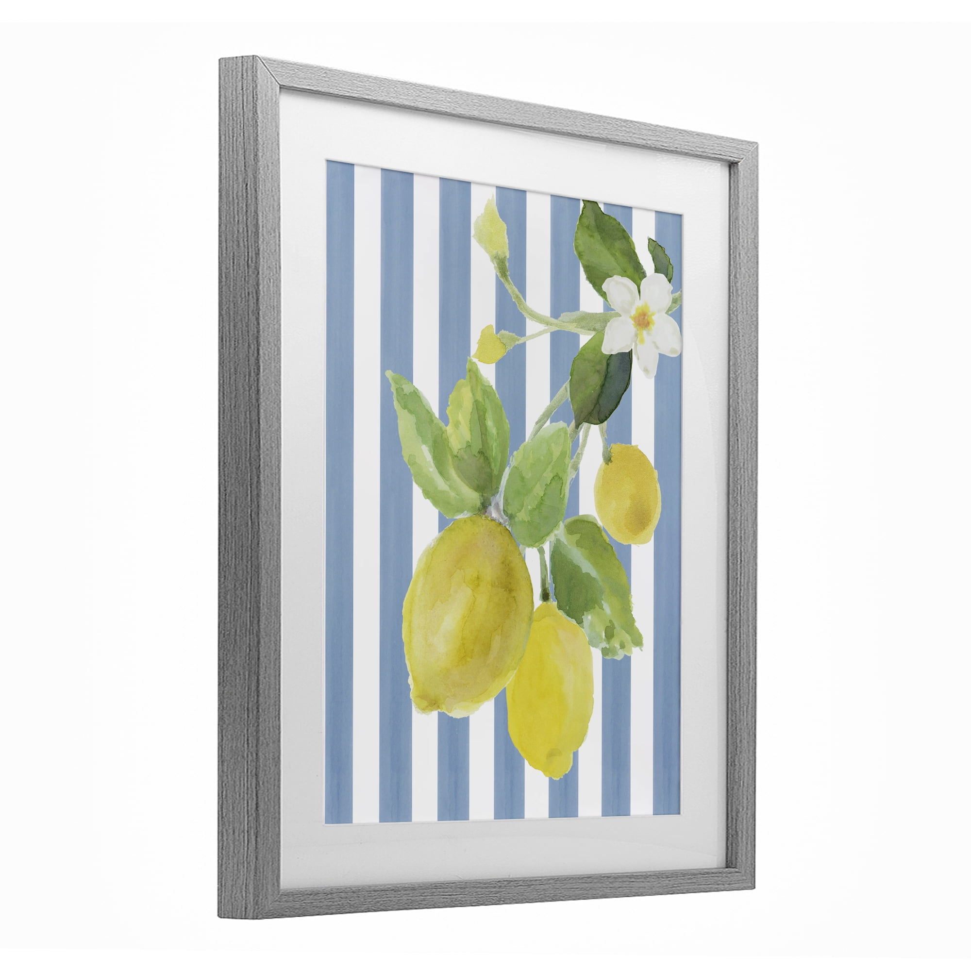 Stupell Industries Lemon Blossom on Blue Stripes Gray Framed Print Under Glass, design by Lanie Loreth