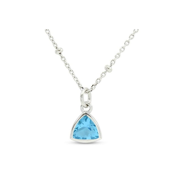 AFFY 6MM Trillion Shape Simulated Blue Topaz Bezel-Set Dainty Solitaire Pendant Necklace 14k White Gold Plated 925 Sterling Silver with 16" 2" Beaded Chain