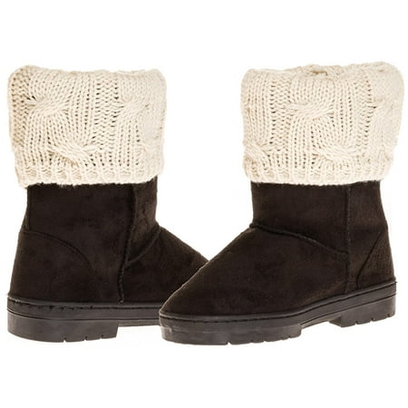 Sara Z Girl's Suede Lug Sole Winter Boot With Fold-Over Sweater Cuff (Black), Size 2-3