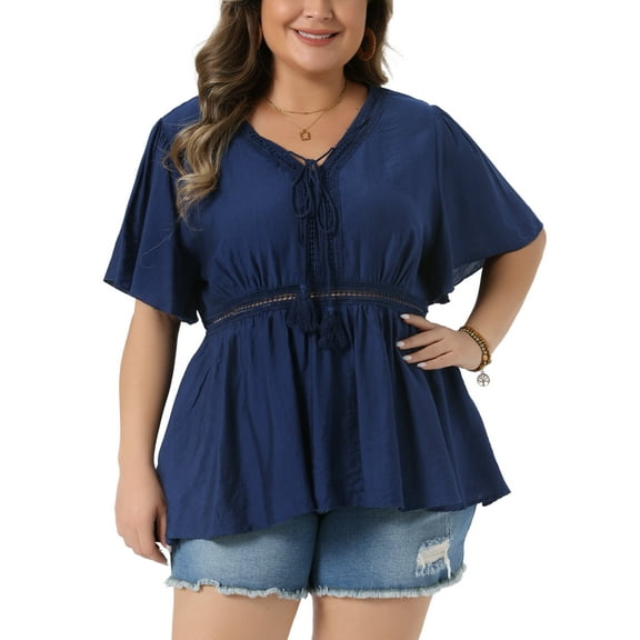 Agnes Orinda Women's Plus Size Blouse Cutout Tie V Neck Elastic Waist Short Sleeves Casual Summer Peplum Shirts 2X Navy Blue