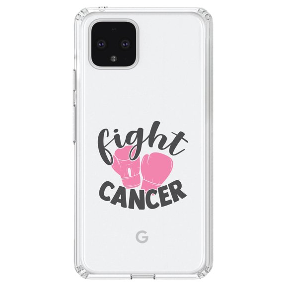 DistinctInk Clear Shockproof Hybrid Case for Google Pixel 4 XL (6.3" Screen) - TPU Bumper Acrylic Back Tempered Glass Screen Protector - Pink Ribbon Cancer - Fight Boxing Gloves