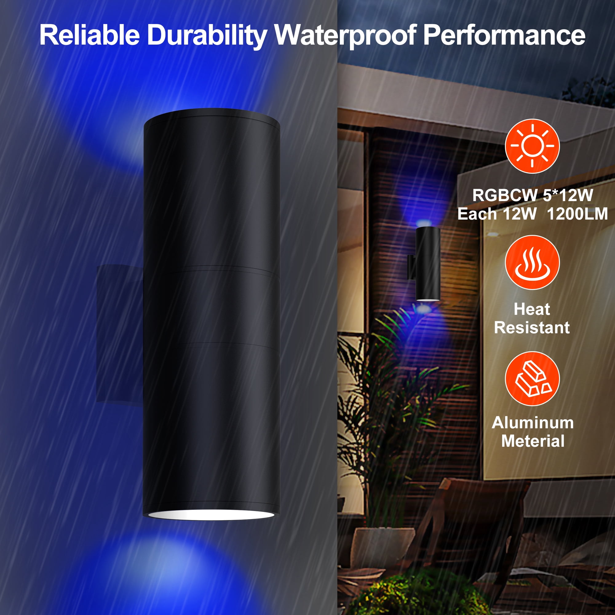 Smart RGBCW Up and Down Outdoor Wall Lights 120W, Dual Beam LED Wall Sconce with App & RF Control, 2700K-6500K Adjustable White, Color Changing Dimmable Exterior Light for Porch, Patio, Garage（2Pack）