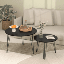Oufan 27.56'' Round Nesting Coffee Table Set of 2, Circular Nesting End Table Set, Round Wooden Tabletop, and Sturdy Metal Base for Living Room, bedroom (Black ）
