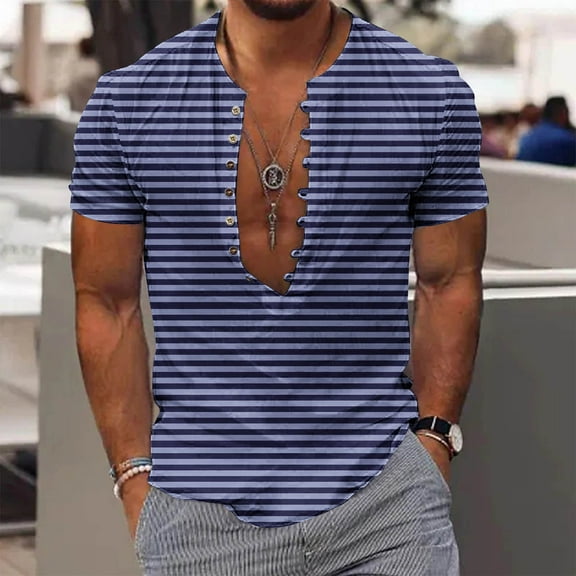 LYEAA Mens Short Sleeve Shirts Casual Crew Neck Beach Loose Summer Pullover T-shirts Striped Buttons Soft Comfortable Breathable Men's Tops Blue S