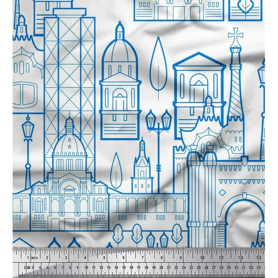 Soimoi Blue Poly Georgette Fabric Street Light & Monuments Architectural Print Sewing Fabric Yard 42 Inch Wide