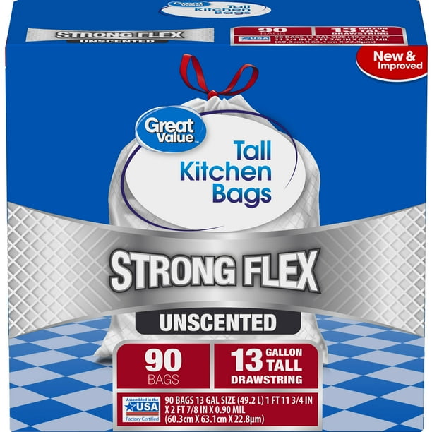 Great Value 13 Gallon Strong Flex Drawstring Tall Kitchen ...