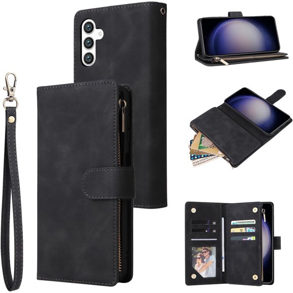 Wallet Case for Samsung Galaxy S24 5G, Premium Vintage PU Leather Magnetic Closure Handbag Zipper Pocket Case Kickstand Card Holder Slots with Wrist Strap TPU Shockproof Flip Cover - Black