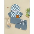 thumbnail image 2 of Liacowi Toddler Baby Boy Summer Clothes Checkerboard Plaid Short Sleeve Hoodie T-Shirt Elastic Waist Shorts Set 2Pcs Beach Checkered Outfit, 2 of 9