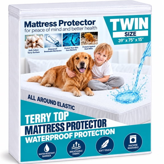 Pinshey® Waterproof Mattress Protector Twin Size, Breathable Cotton Mattress Cover with Deep Pocket, Machine Washable Fitted Bed Protector for Spills and Stains, 39" x 75", White