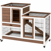 Wooden Rabbit Hutch Elevated Bunny Cage Indoor with Enclosed Run with Wheels, Ramp, Removable Tray, Brown