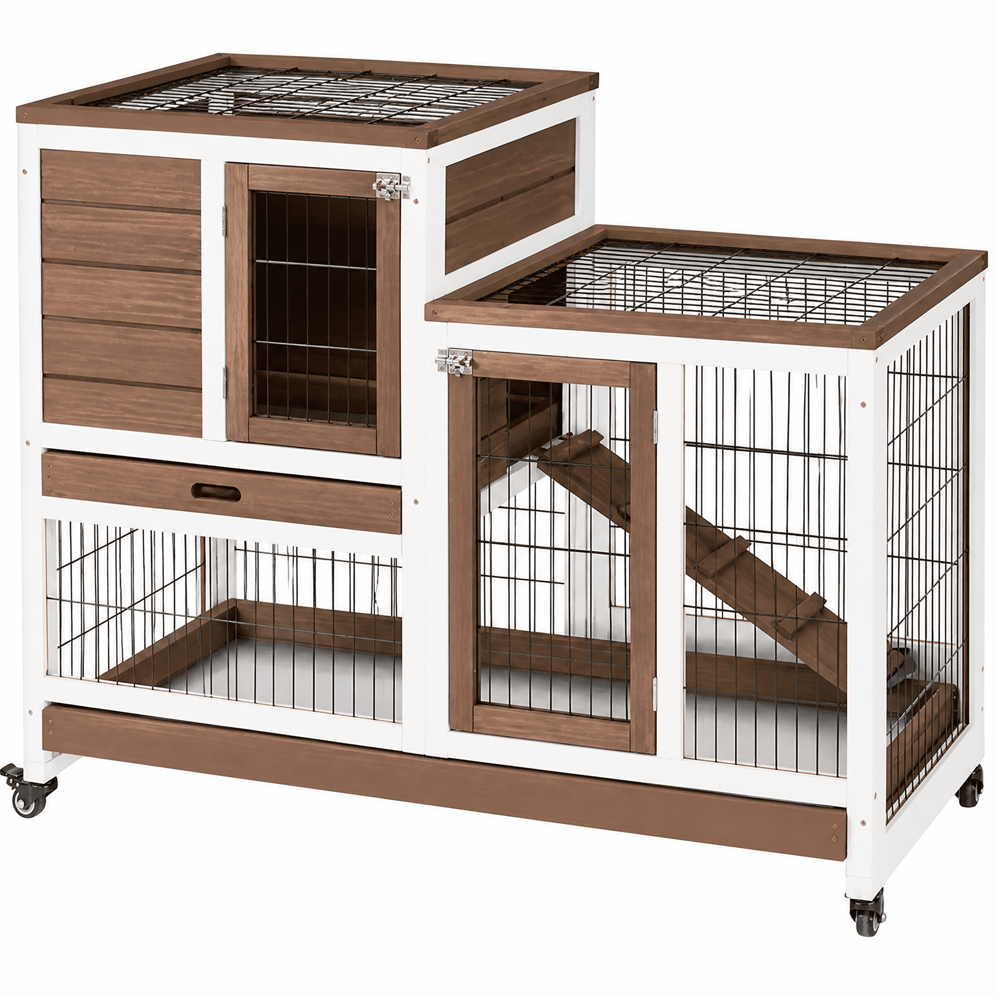 Wooden Rabbit Hutch Elevated Bunny Cage Indoor with Enclosed Run with Wheels, Ramp, Removable Tray, Brown