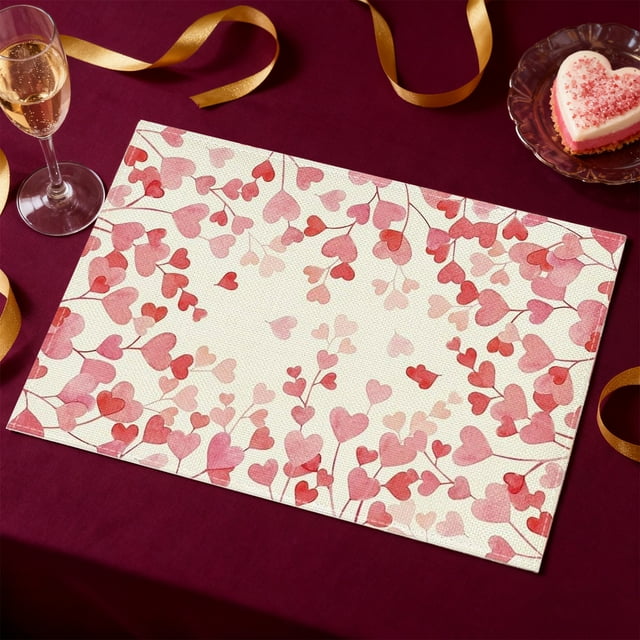 Aqestyerly Valentine'S Day Linen Placemats Solid Color Letter Print Heat Resistant Holiday Party Table Mats