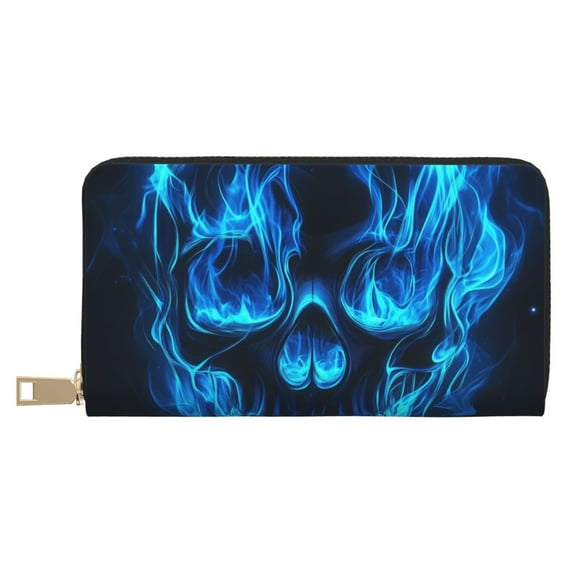 Leather Thin Slim Wallets for Women Men - Blue flame cool skull Clutch Card Wallet for Women Men with Zipper