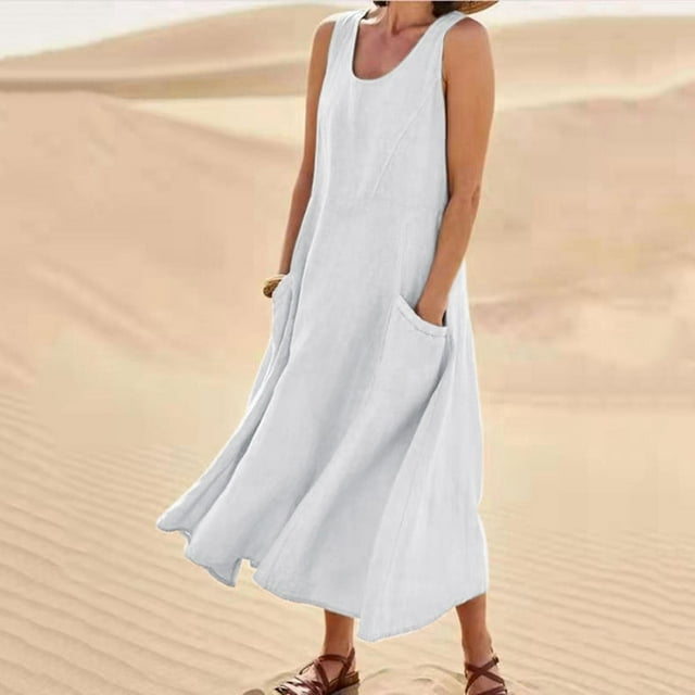 Amzcrzy Robes pour Femmes Grande Taille P-5TG Décontractées Col Rond Longues Robes pour Femmes Couleur Unie Sans Manches Robe d'Été Ample Fluide Vacances Coton Lin avec Poches