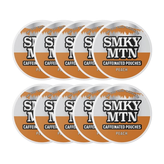 Smokey Mountain Caffeinated Pouches - Peach - Tobacco Free and Nicotine Free - 10 Can Box - 15 Pouches Per Can