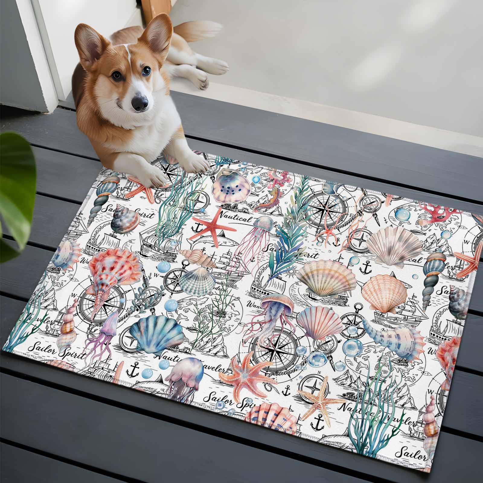 Shell Starfish Coastal Entryway Rug 2'x3'&nbsp; Non Slip Front Door Mats, Nautical Ocean Summer Beach Entrance Rugs Indoor Outdoor Carpet, Washable Floor Mats Small Area Rug for Bedroom Kitchen